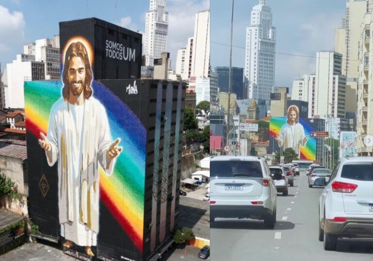 Mural de 50 metros com imagem de Cristo leva mensagem de paz ao centro de São Paulo