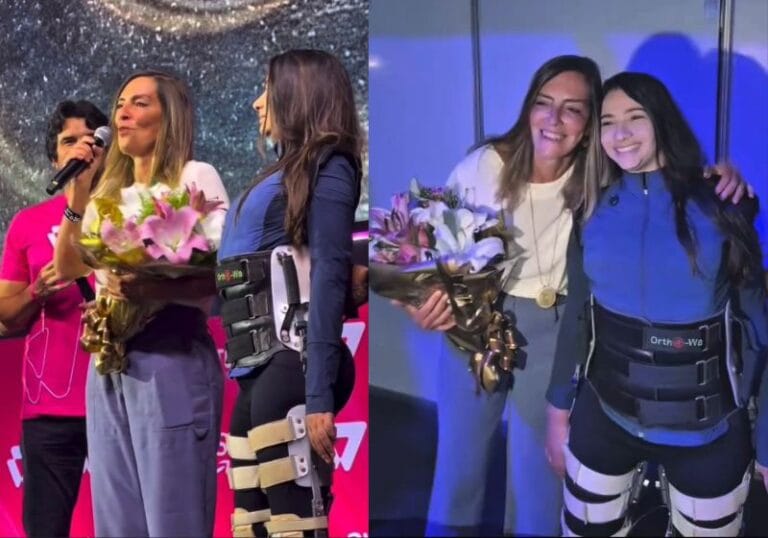 Lais Souza aparece em pé pela primeira vez e entrega prêmio à cientista da polilaminina