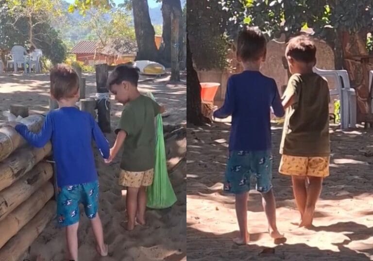 Menino guia amigo cego na praia e vídeo de inclusão comove usuários nas redes