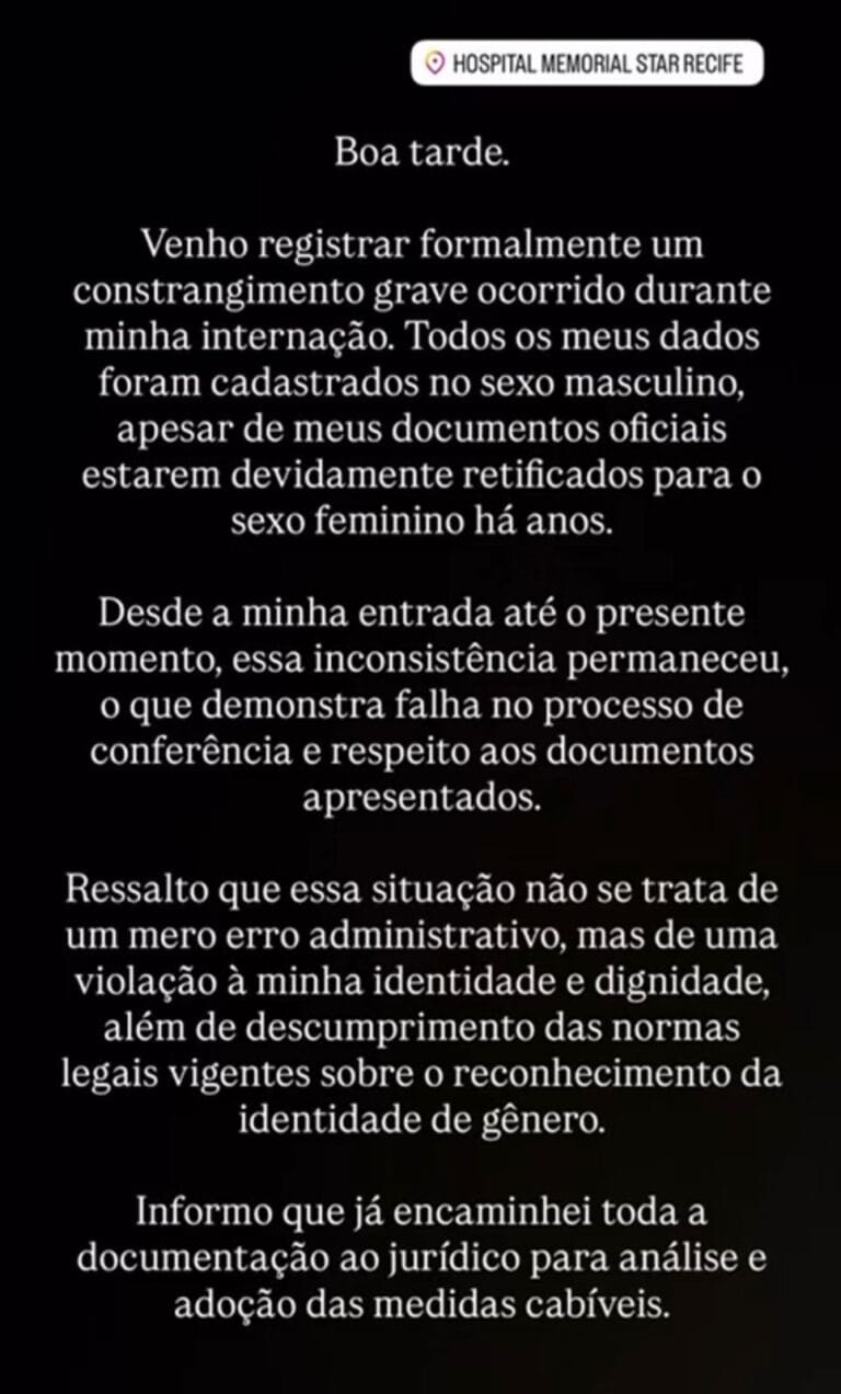 Influenciadora Apoline acusa hospital de registrá-la como homem durante internação em Recife