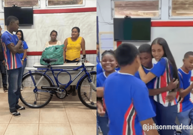 Aluno que caminhava quilômetros até a escola recebe bicicleta comprada por professora e colegas no Maranhão