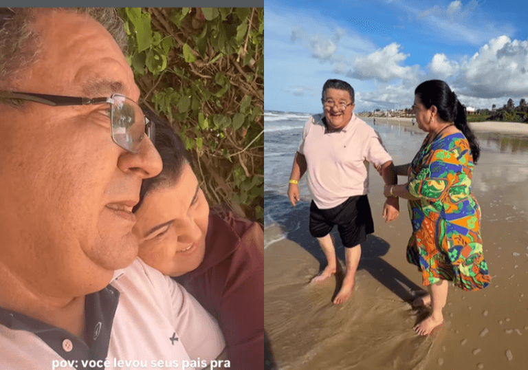 Pai se emociona ao conhecer o mar pela primeira vez em viagem surpresa da filha no Ceará