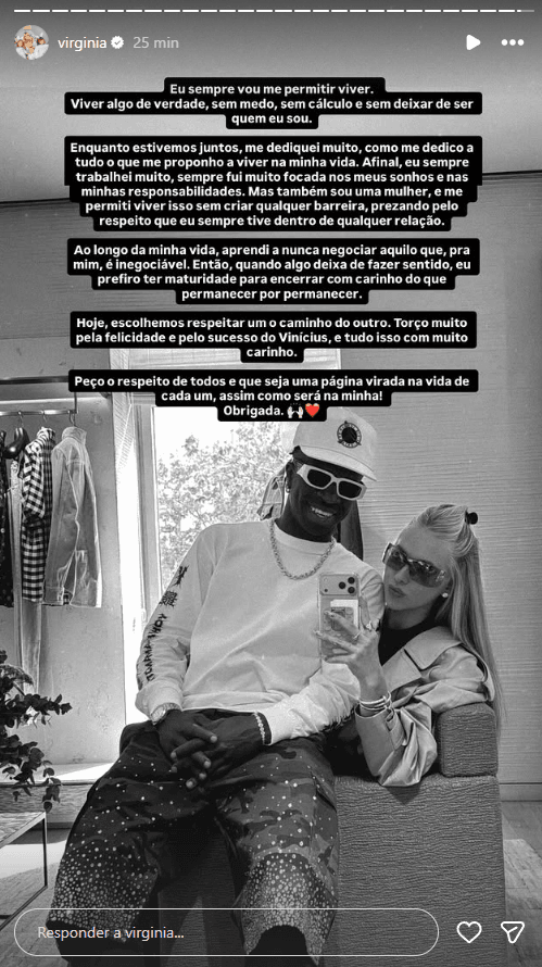 Frase de Virginia Fonseca sugere atritos prévios ao fim do namoro com Vinicius Júnior