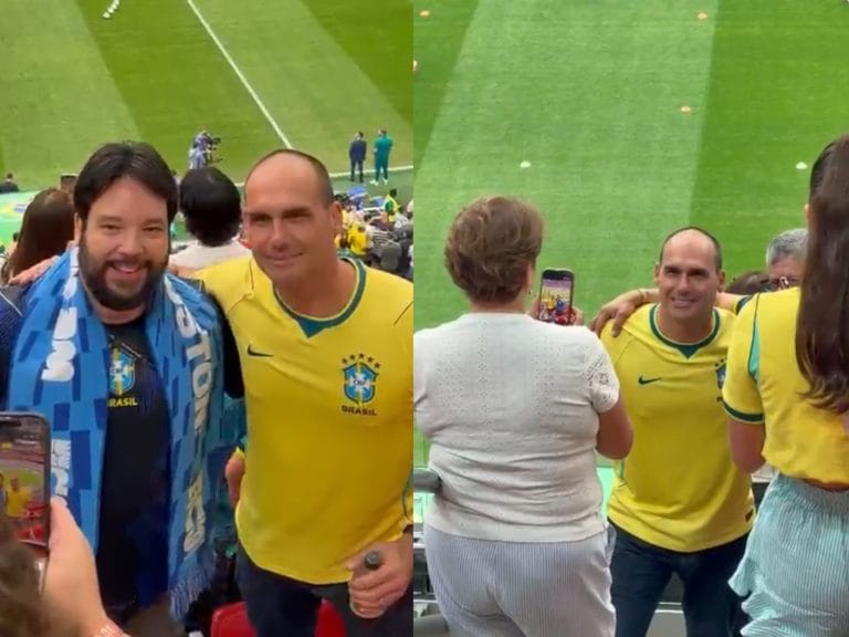 Eduardo Bolsonaro é visto na área VIP do NRG Stadium antes de Brasil x Japão